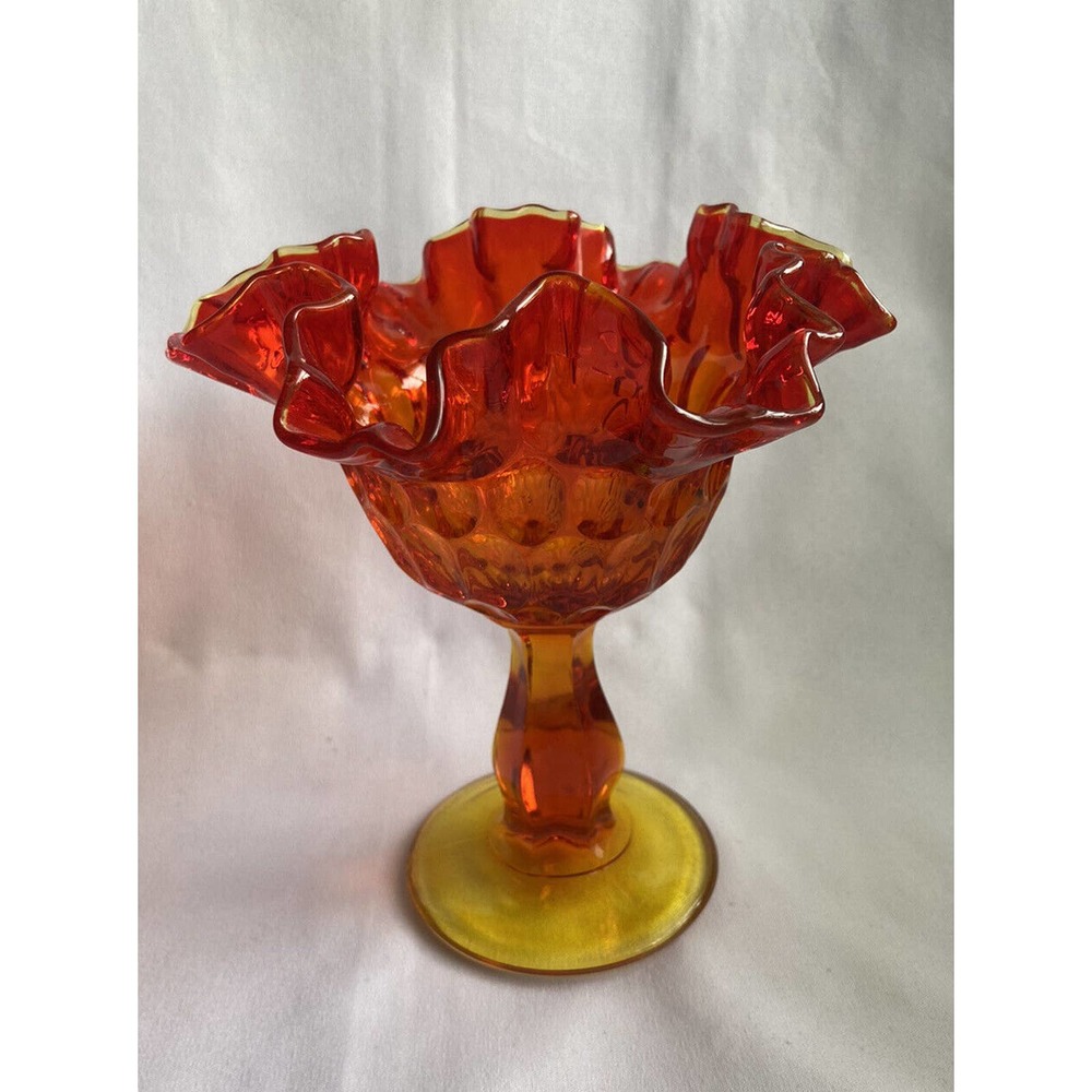 Fenton Amberina Glass Pedestal Compote Thumbprint Design Ruffled Edge Vintage